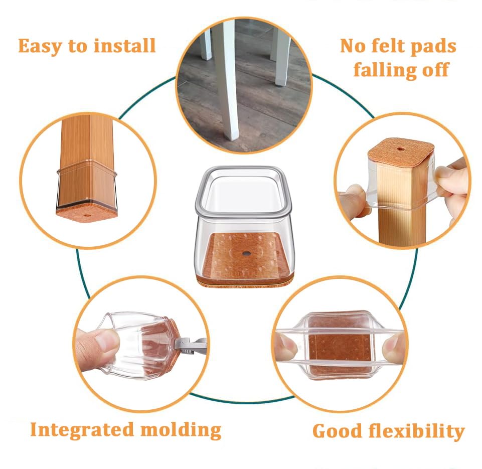 Image of Chair Leg Floor Protectors Square for Hardwood Floors 35 Pcs Large | Furniture Leg Felt Pads Caps Covers, Protect Wooden Floors from Scratching, Glide Easily (Fit:1-1 /16 inch to 1-5 /8 inch)