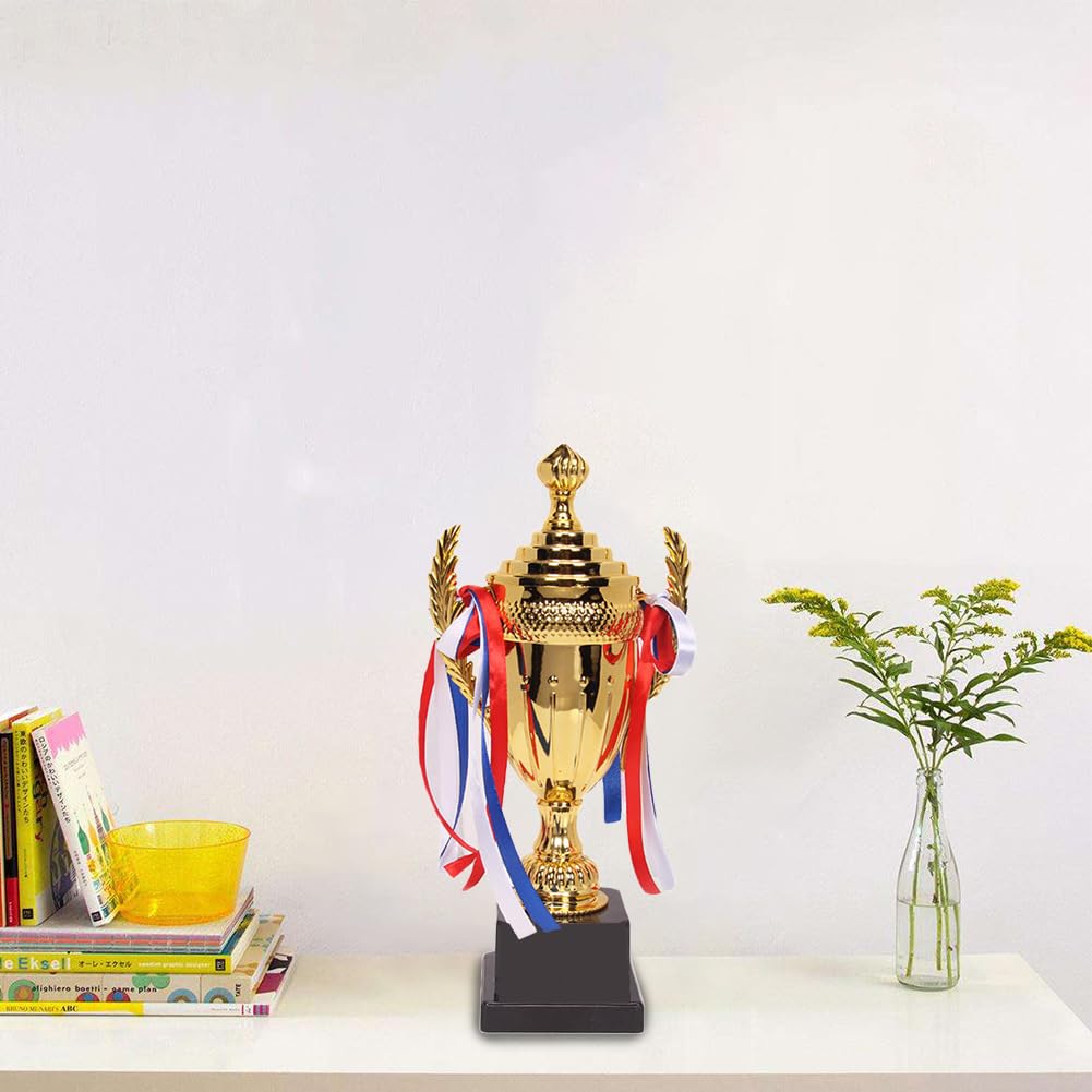 Coppa grande trofeo d'oro trofeo da competizione in oro personalizzato con base coppa trofeo calcio con nastro colorato per eventi sportivi, premi di gioco, 37 cm