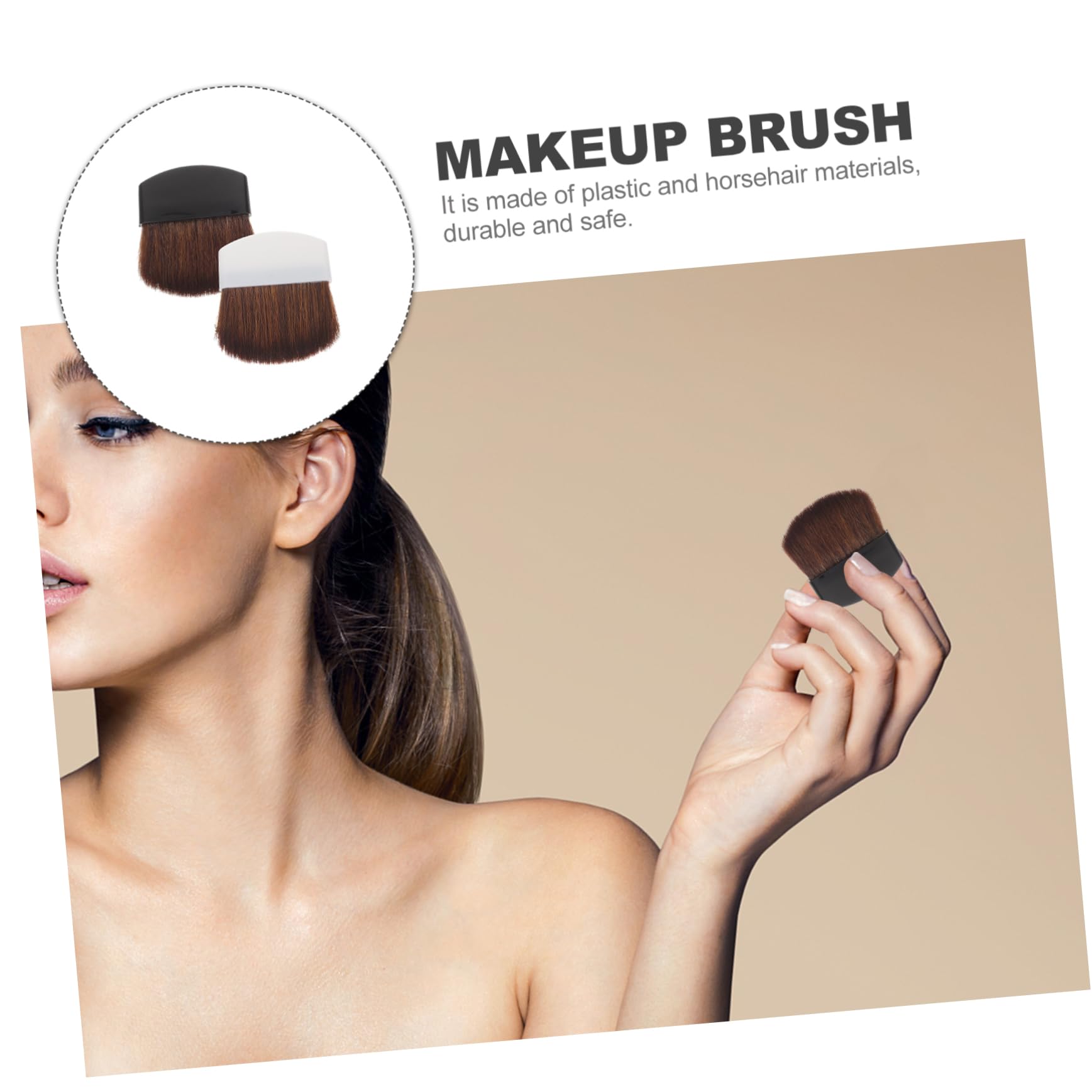 Brocha para Rubor Portátil de Plástico, Pack de 2, Color Claro y Negra | Brochas de Maquillaje para Rubor, de Pelo de Caballo, Suaves y Densas, para Base, Cepillo Profesional