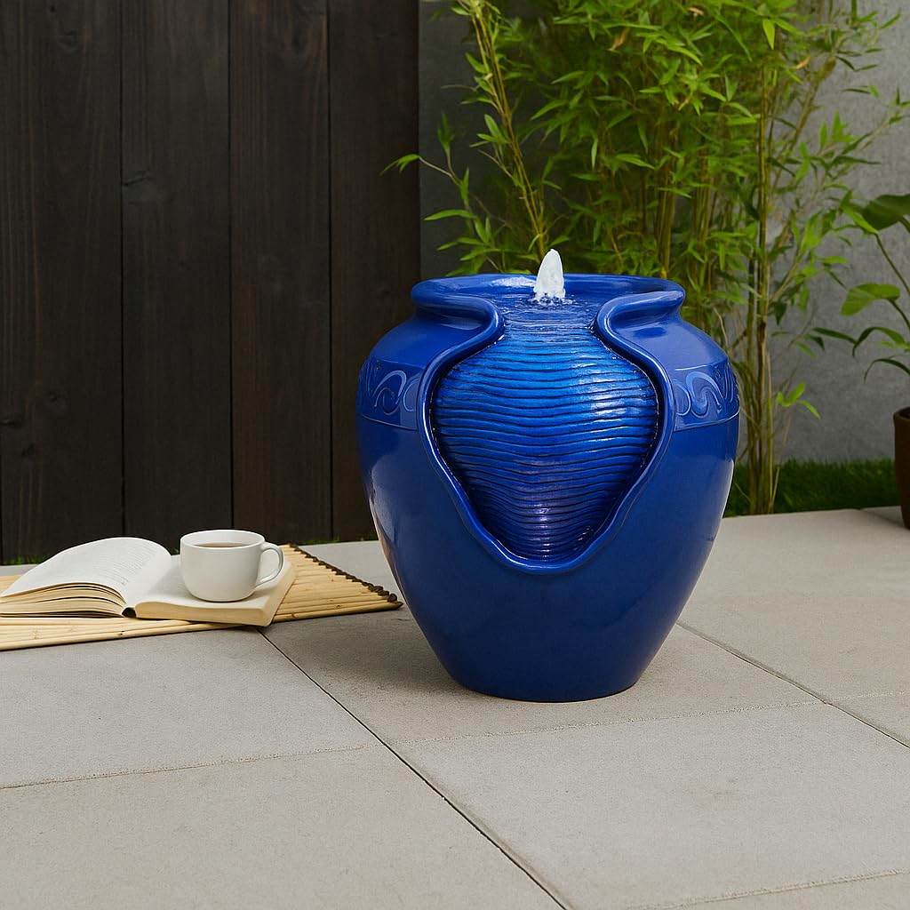 Teamson Home Outdoor Water Fountain, Glazed Pot Ceramic Look with LED Lights &amp; Pump, Royal Blue, 16.93” Patio Garden Water Feature, Cascading Zen Fountain for Backyard, Porch, Deck, Home Decor