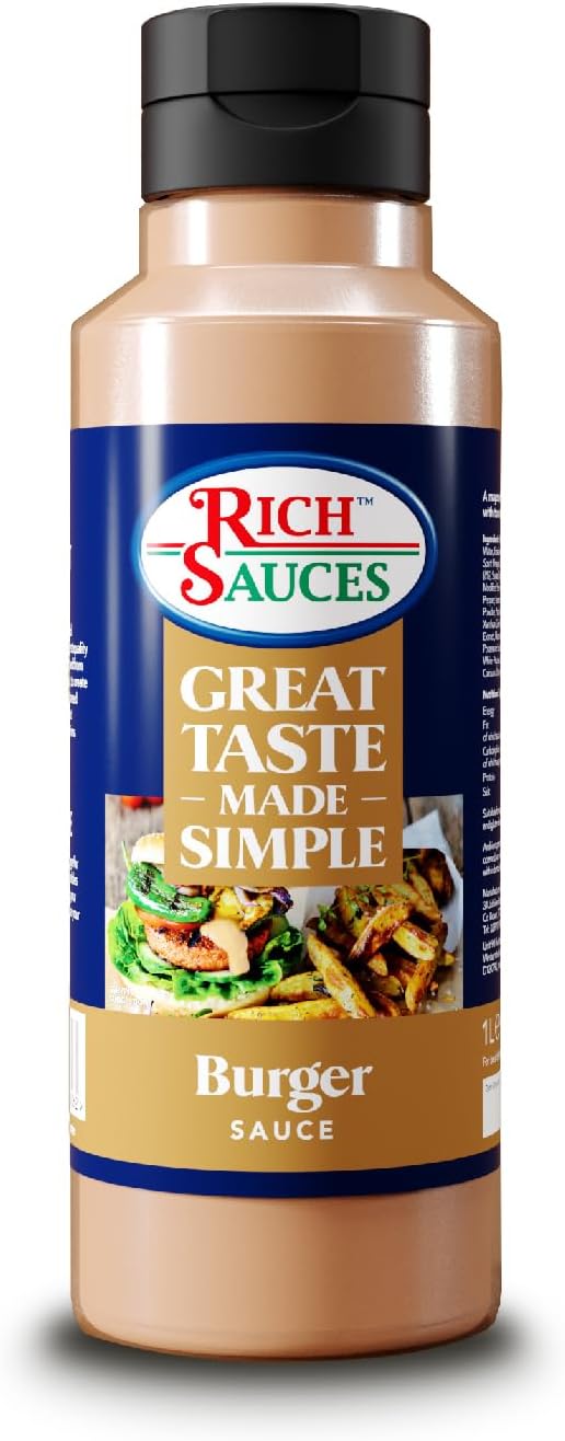 GTMS Plant Based Burger Sauce - 1 Litre - Awesome Taste, Creamy, Tangy Smooth & Pourable - Ideal for Vegan Burger - Free From Gluten & Dairy - for Hot or Cold Use - Condiment Developed in the UK
