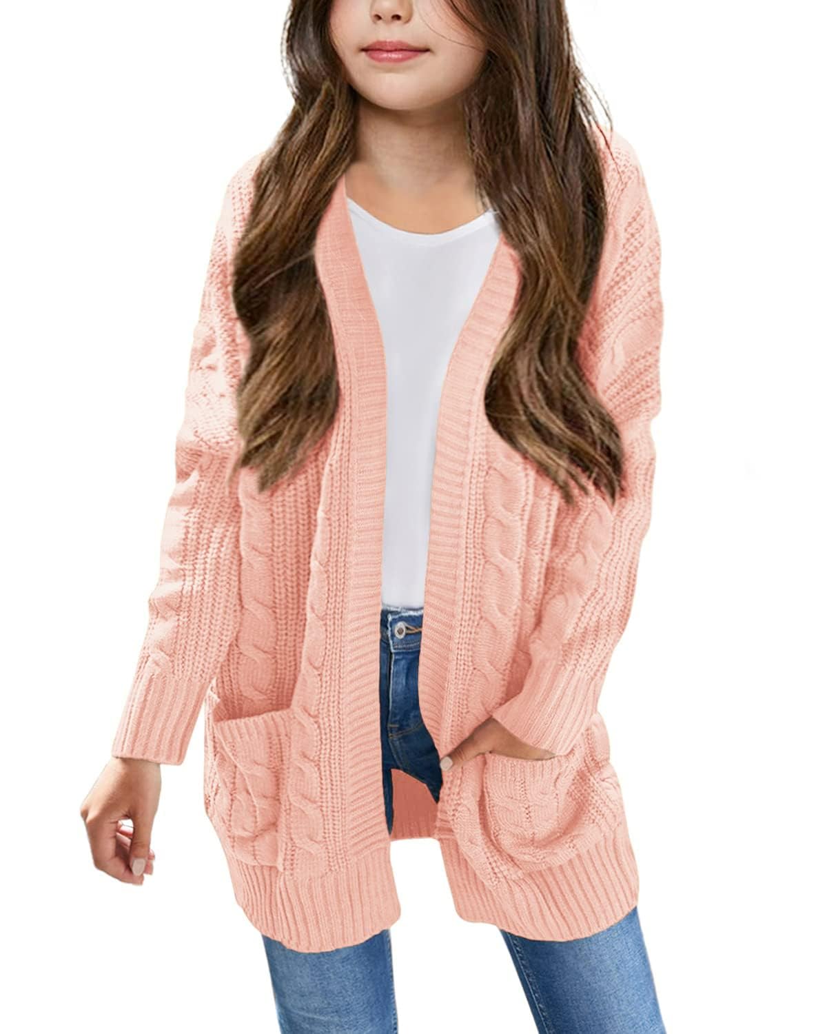Arshiner Girls Open Front Cardigan Long Sleeve Casual Kids Fall Clothes Solid Thick Chunky Sweater Coat with Pockets