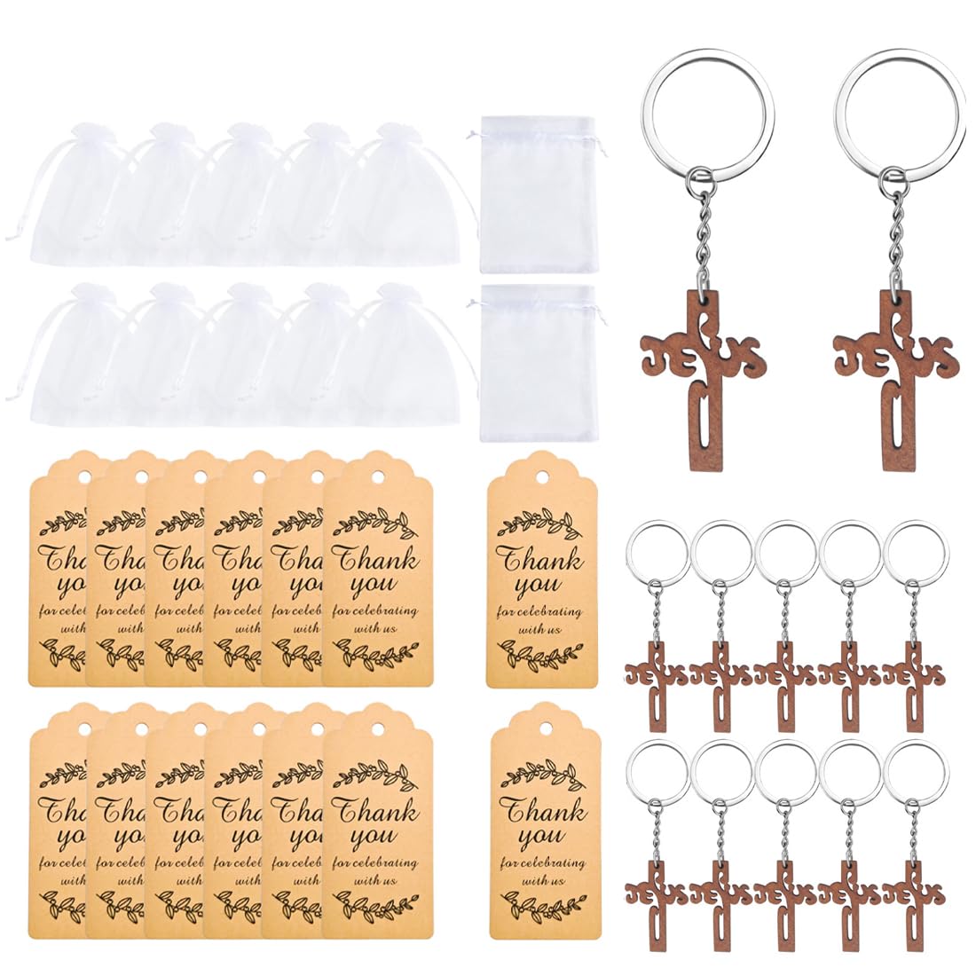 YUZNA 12 sacs + 12 cartes + 12 porte-clés croix Etiquette Baptême Motif Cadeau Invité Décoration pour Baptême avec Ruban