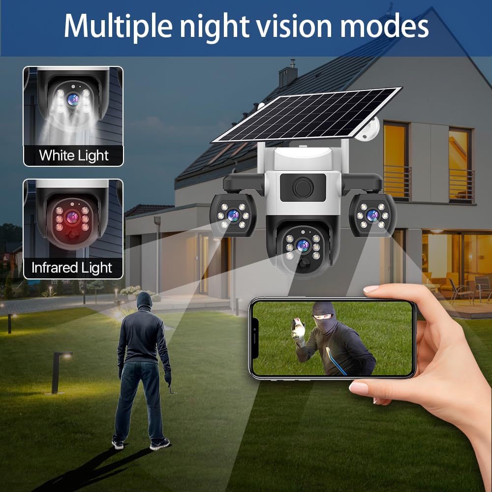 Wifi Security Cameras 3 Lens 3 Screen 10X Zoom Solar Outdoor Camera Waterproof Night Vision CCTV Security Protection(3MP 5X Camera)