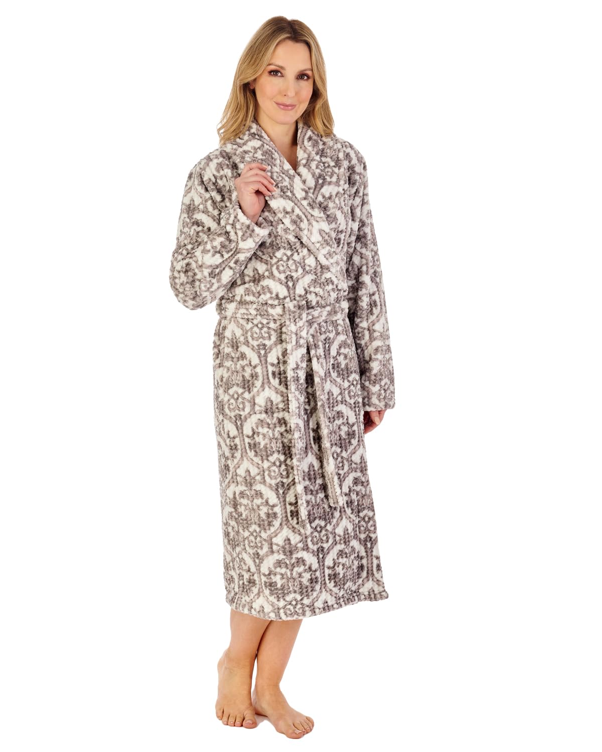 Slenderella Ladies Waffle Fleece Damask Dressing Gown Shawl Collar Housecoat Robe Small (Grey)