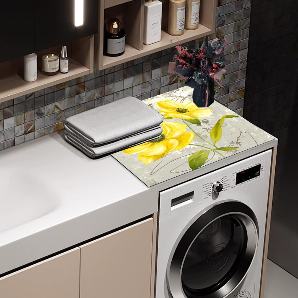 Flowers Washing Machine Dust Cover - Floral Washer Dryer Top Mat, Super Absorbent for Microwave, Refrigerator (Yellow Daisy)