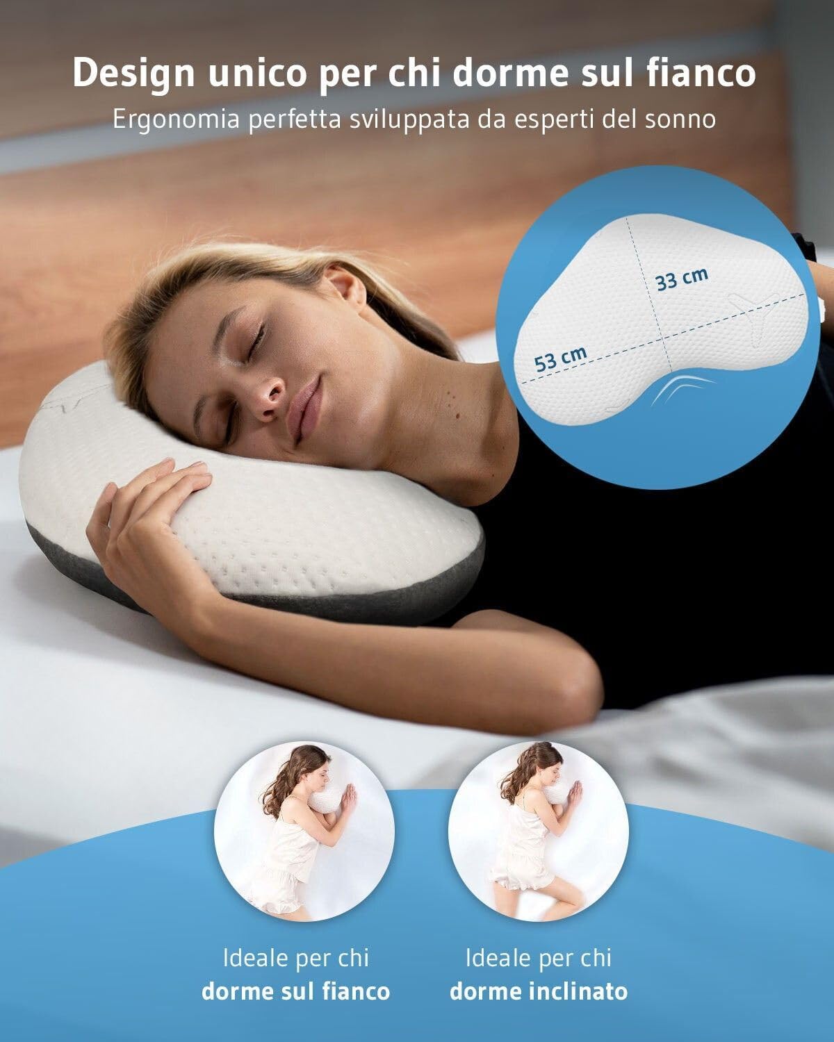 Cuscino ergonomico Twist, rivestimento con l'innovativa tecnologia Intense, cuscino in memory foam contro i dolori cervicali, cuscino ortopedico per chi dorme di lato e soffre di allergie