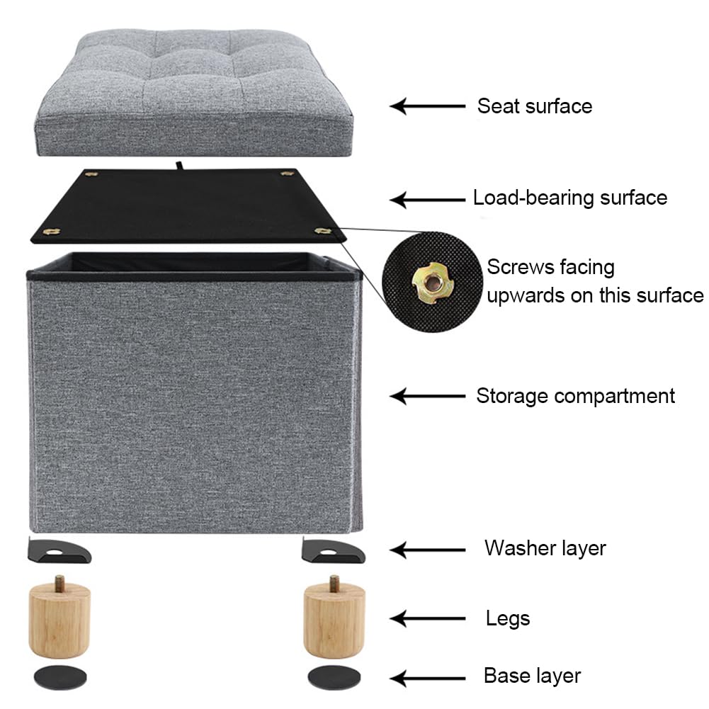 Baul Almacenaje Dormitorio, Lino Taburete Almacenaje Banco Acolchado Reposapies Salon con Tapa Extraíble para Sala de Estar, Dormitorio, Entrada, 38x38x40cm Khaki