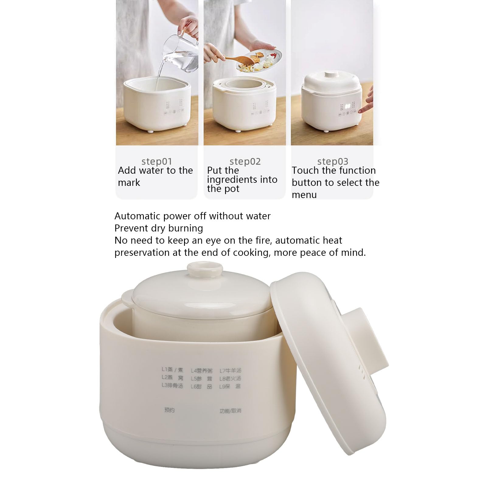Elektrischer Eintopf, Anti-Dry-Burn, Kleiner Schongarer, Mini-Auflauftopf mit Timer-Deckel für das Kochen von Suppen in der Küche zu Hause (EU-Stecker 220 V)