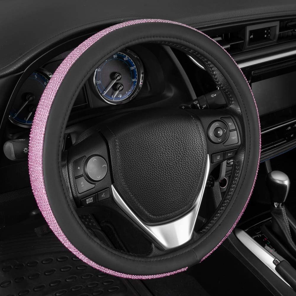 BDK Bling Bling Glitter Diamond Leather Steering Wheel Cover with 9 Rows Crystal Rhinestones, Fits Wheels 14.5 - 15 inch for Women / Girls Pink-Purple : Automotive