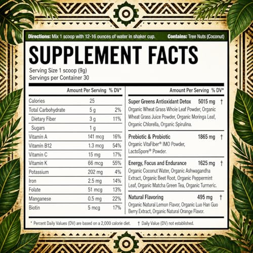 Image of Organic Muscle Super Greens Powder superfood Supplement | USDA Certified Organic with Spirulina, Chlorella, Matcha, Probiotics | Plant Based, Vegan, Keto, Non-GMO | Lemon Flavor, 30 Servings