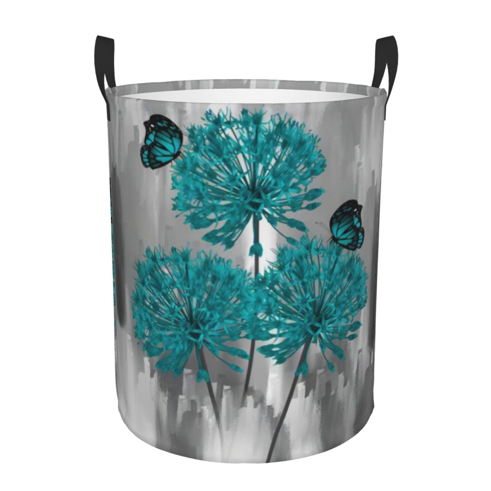 M Circular Hamper – Collapsible Gray Teal Flower Butterfly Print Laundry Basket