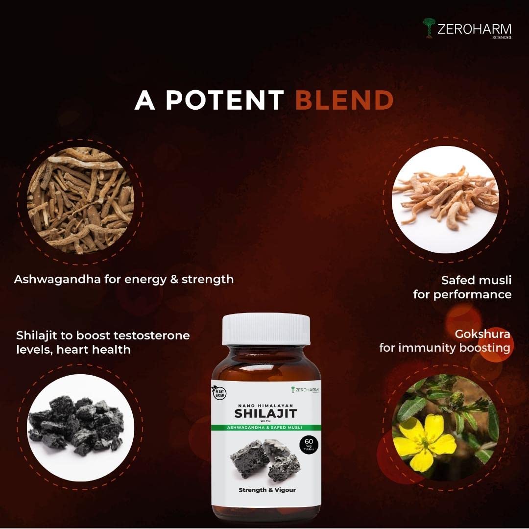 Zeroharm Nano Himalayan Shilajit with Ashwagandha, Safed Musli & Goksura 60 Veg Tablets, Energy Booster, Testation, Strictness, Dheeraj and Performance Emphasis Zeroharm Nano Himalayan Shilajit with Ashwagandha, Safed Musli & Goksura 60 Veg Tablets, Energy Booster, Testation, Strictness, Dheeraj and Performance Emphasis