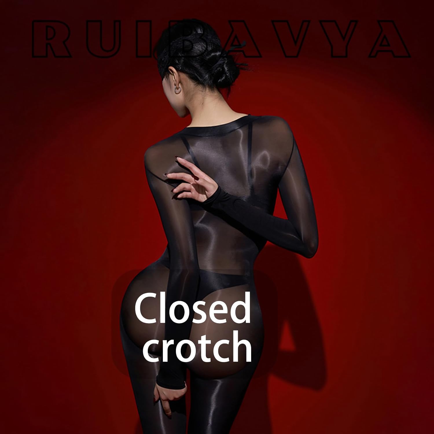 RUIBAVYA Bodystocking for Women Long Sleeves Sheer Catsuit Round Neck Full Body Stockings Ultra-Thin Oil Shiny Stockings - Image 3