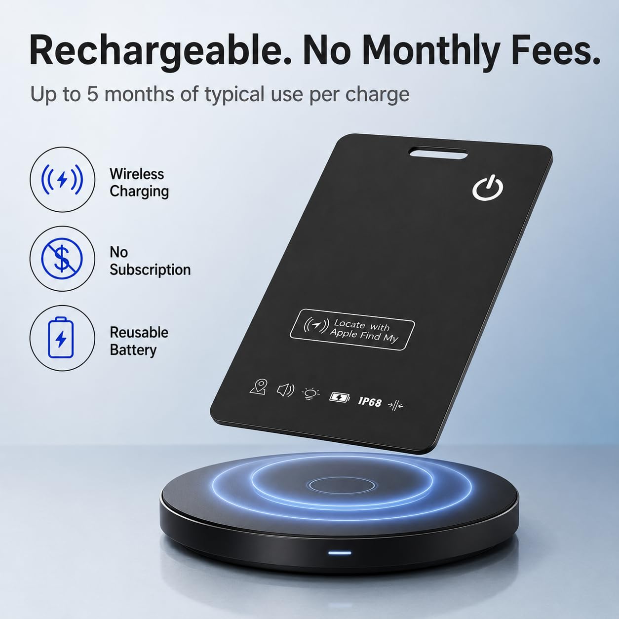 Tarjeta de seguimiento de cartera ultrafina, funciona con Apple Find My, tarjeta localizadora Bluetooth recargable para cartera, equipaje y pasaporte, sin suscripción (1 unidad)