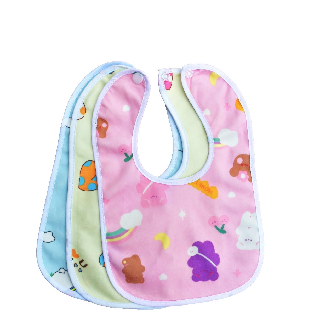 THE LITTLE LOOKERS Baby Button Bibs/Apron Cute Overall Print with Tich Button| Soft Cotton Fabric with PVC on Back/Quick Absorption & Fast Drying for Babies/Newborns/Infants (Pack of 3)-image-4