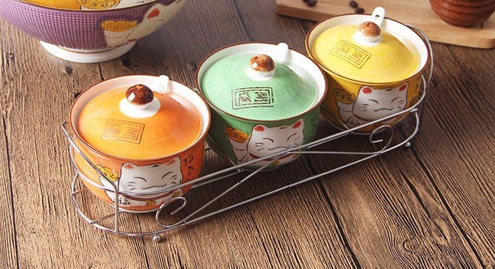 Keramik japanische Maneki Neko Lucky Cat Zucker Salz Pfeffer Vorratsdose mit Deckel und Löffel