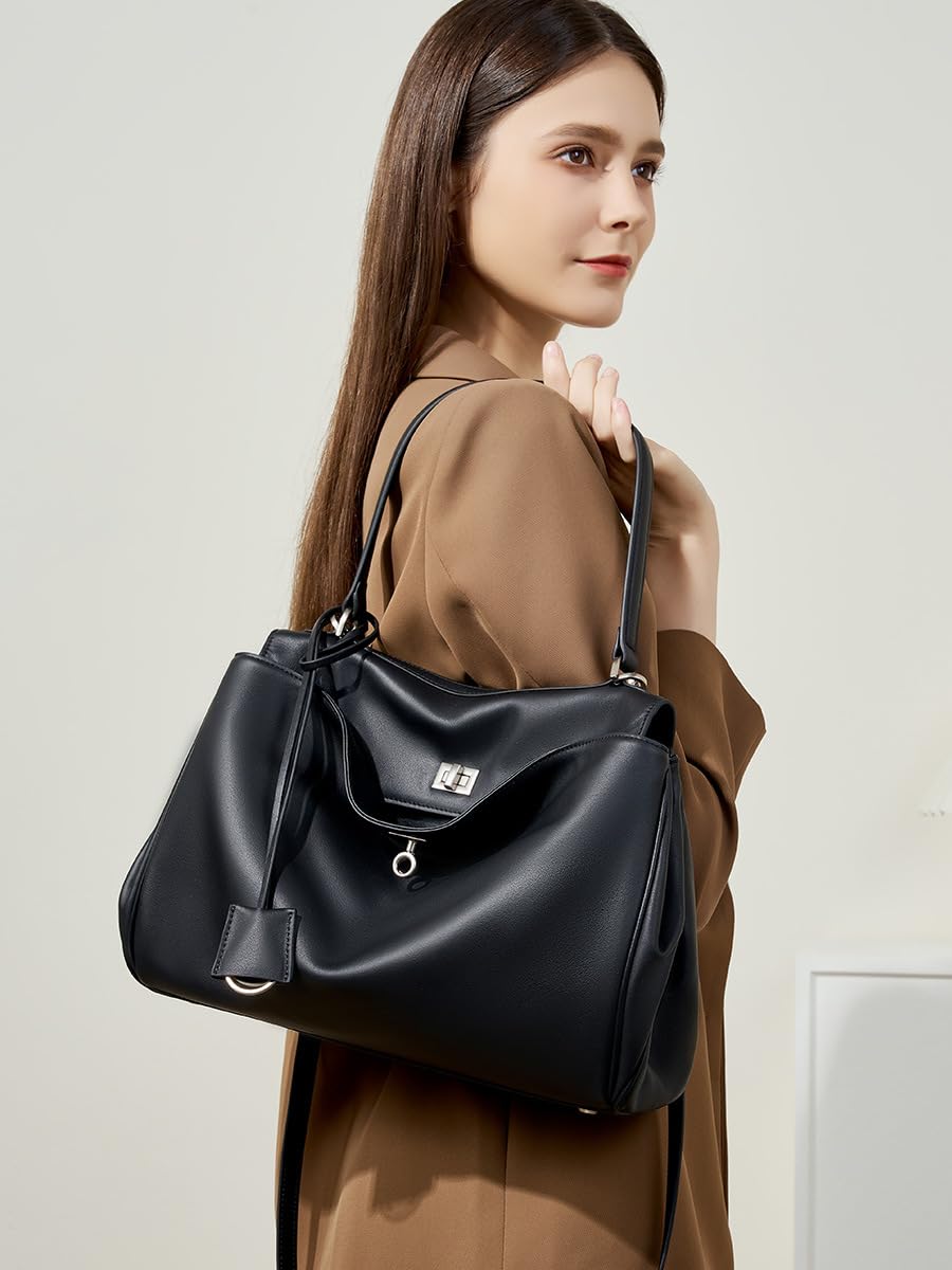 Damen Tote Bag Große Kapazität Glatt Rindsleder Schultertasche Lock Pendler Achseltasche Schwarz