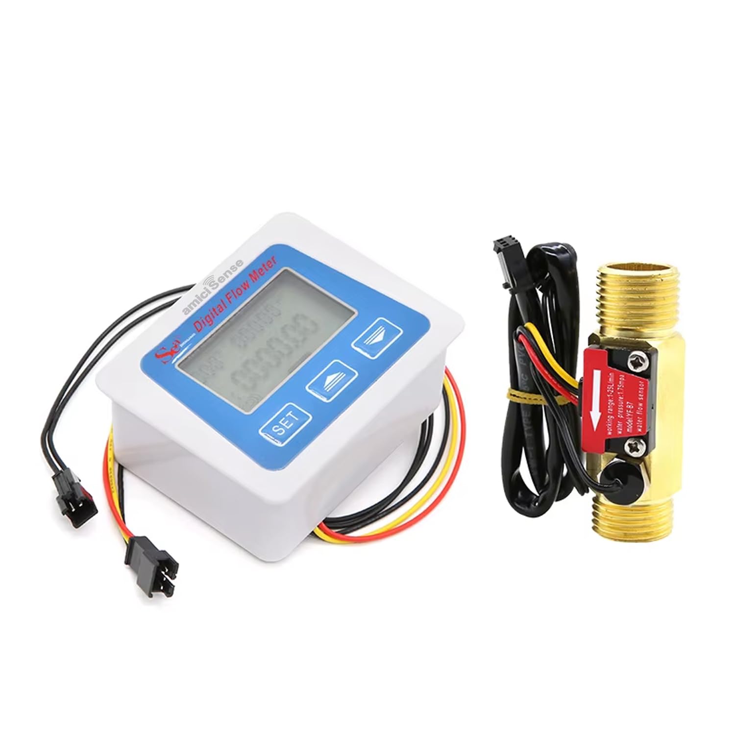 amiciSense Digital Flow Meter for Water with LCD Display | 1-25L/min Flow Range | Accurate G1/2 Flow Sensor | Real-Time Flow Rate, Temperature & Time Recording | Battery Indicator & Easy Installation