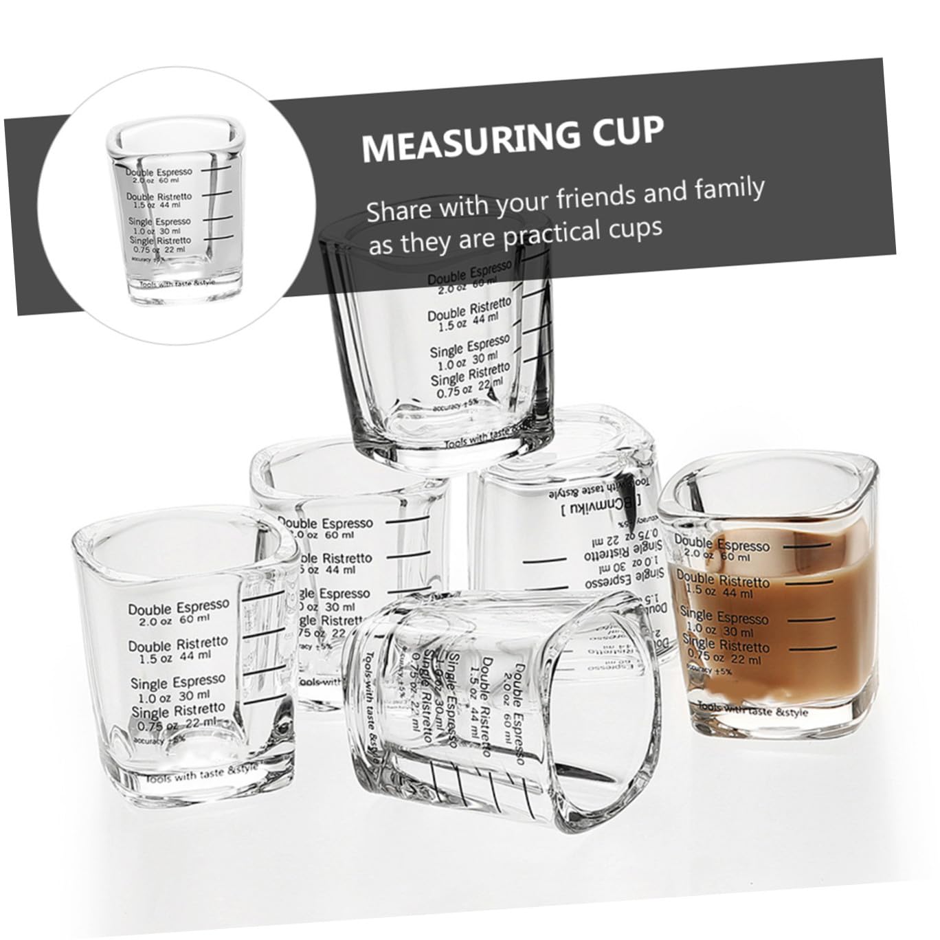 Lurrose 6 Stück Espressotassen aus Borosilikatglas mit Skala 60 ml Messbecher für Kaffee und Tee Hitzebeständig Kreatives Design für Zuhause und Schule