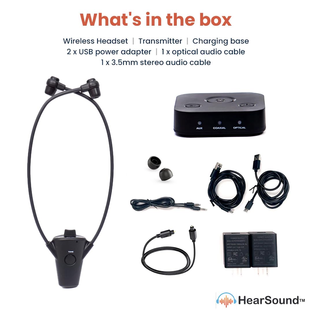 Gold - Digital Wireless Headset System for TV with Earbuds - Ideal for Seniors or Hearing Impaired - All TVs Compatible, No line of Sight Required, 100 ft. Range, Rechargeable 12hr Battery