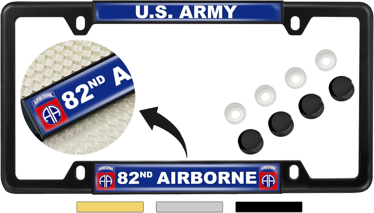 [Officially Licensed Product] - U.S. Army 82nd Airborne Division - Domed Custom-Made Personalized Narrow (Thin) Top 4 Hole Metal Car License Plate Frame with Free caps - Black (Qty: 1 Frame)