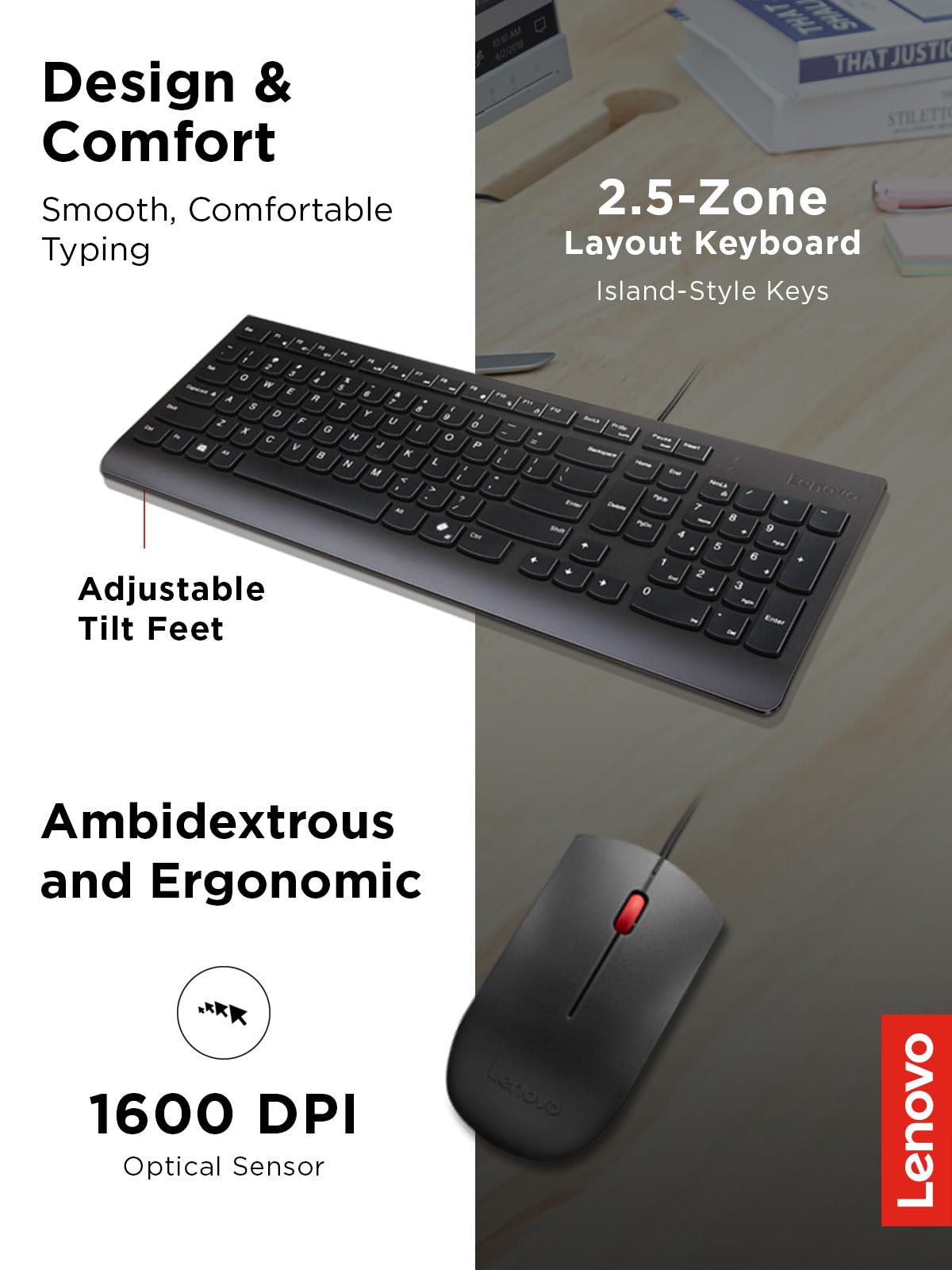 Lenovo Essential - Combo de teclado y mouse con cable, inglés de EE. UU., pies ajustables, teclas resistentes a derrames, mouse óptico ambidiestro de tamaño completo, 1600 DPI, negro | Teclado de tamaño completo con mouse y conexión USB para escribir, pro