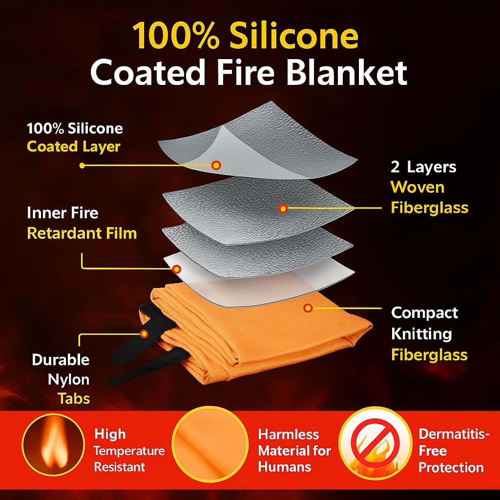 Premium Fire Blanket – 40"x40" Silicone-Coated Fiberglass, Emergency Fire Safety Blanket, Heat-Resistant, Includes Gloves & Hook for Home, Kitchen, and RV Use