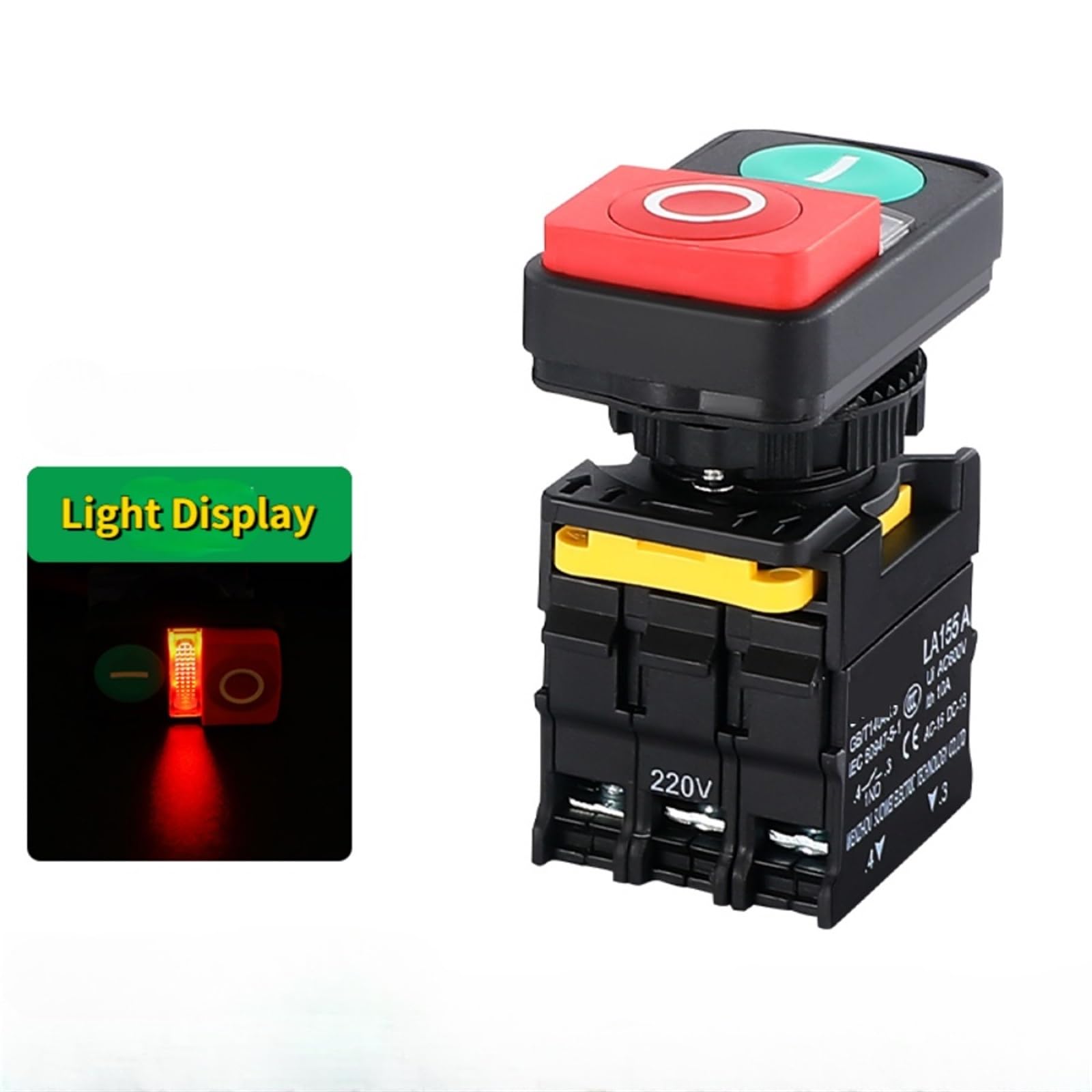 1 botón doble con luz encendida, apagado, botones momentáneos, 22 mm, impermeable, para caja de panel de alimentación eléctrica, 10 A (1NO1NC con luz, 220 V)