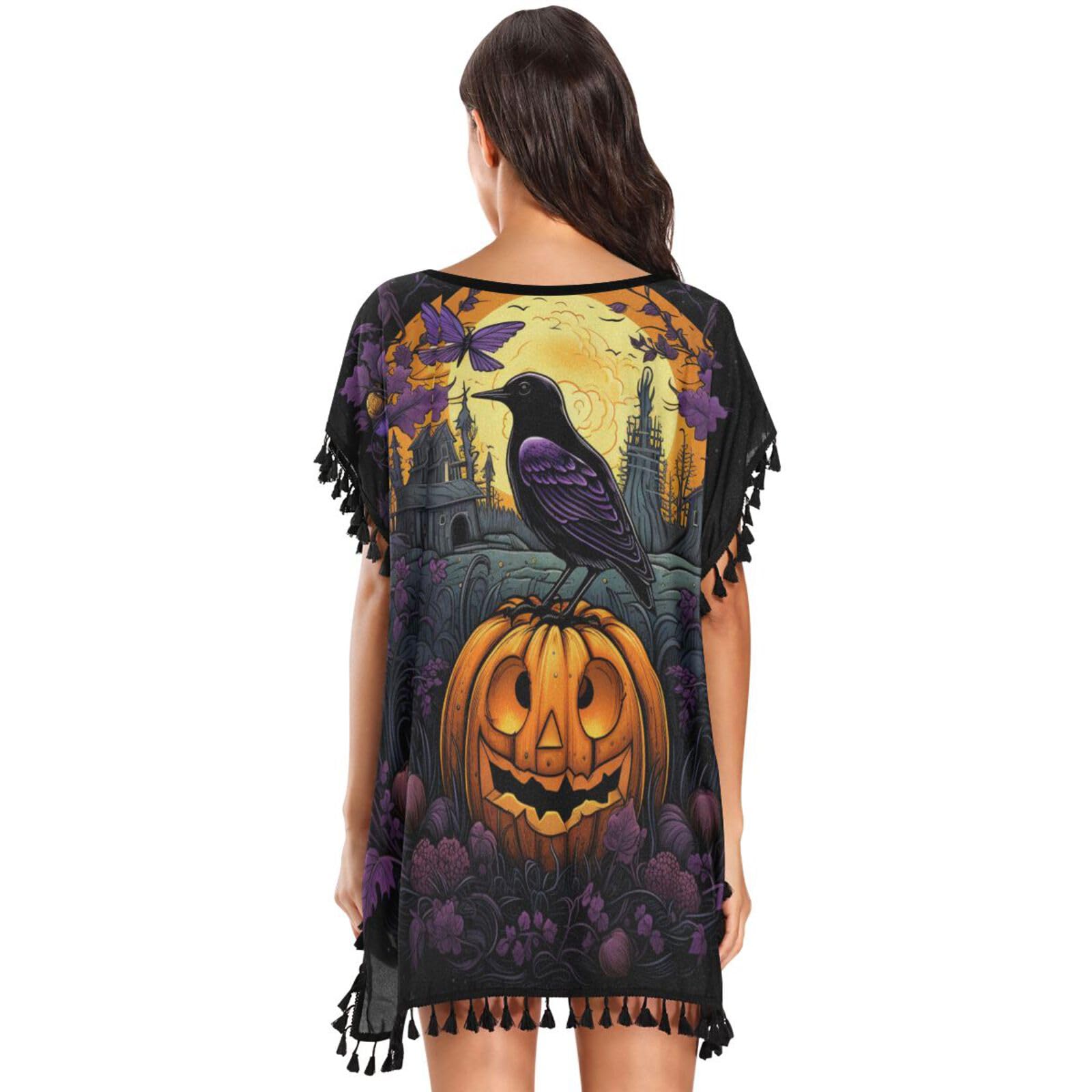 Halloween Pumpkin Purple Bird Women's Beach Cover Up Chiffon Tassel Swimwear Swimsuit Coverups for Girl