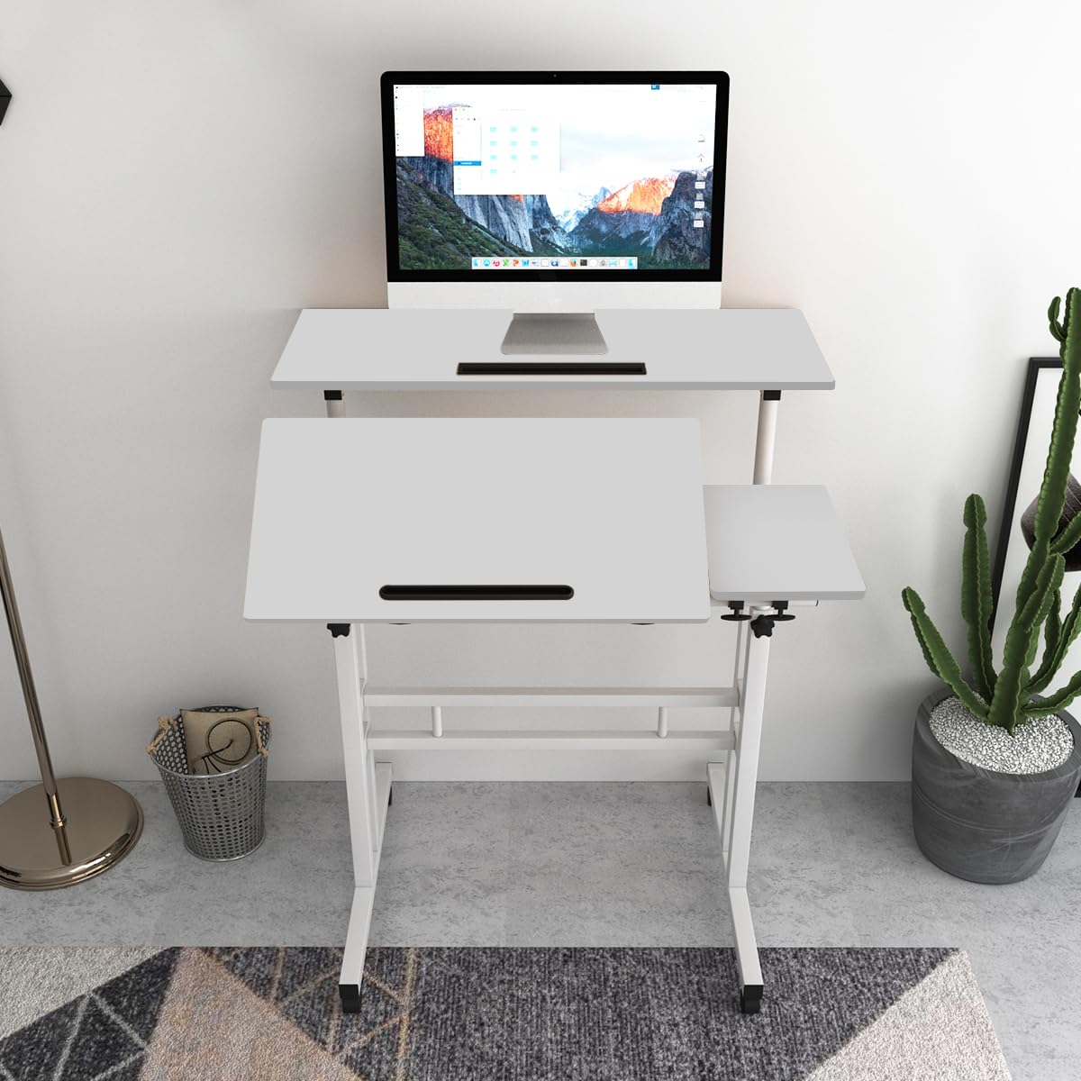SogesPower Scrivania sollevabile, scrivania per computer, tavolo da ufficio, scrivania per computer divisa rimovibile, 80 x 60 x 67 ~ 115 cm, bianco