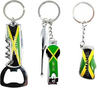3 Pack Jamaica Keychains Country Metal Keychain, Corkscrew & Blade, Boxing Glove, Nail Clipper, Patriotic Souvenir Keychains, Car Keys, Gift, Bulk