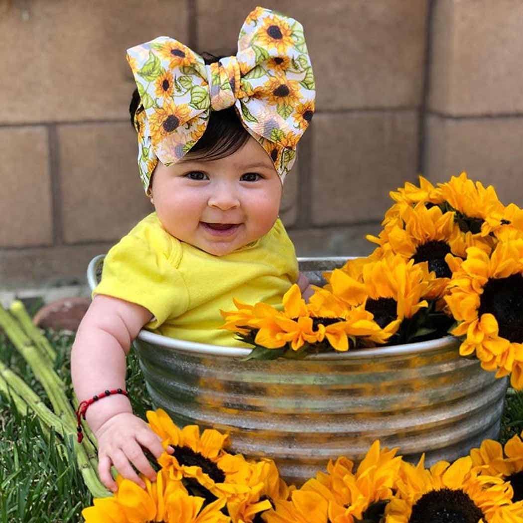YBSHIN Baby Girl Nylon Headbands Yellow Bow Knot Headband Floral Elastic Turban Nowborn Headwraps Infants Girl Headscarfs Toddler Printed Hair Bands Handmade Hair Accessories for Children (B)