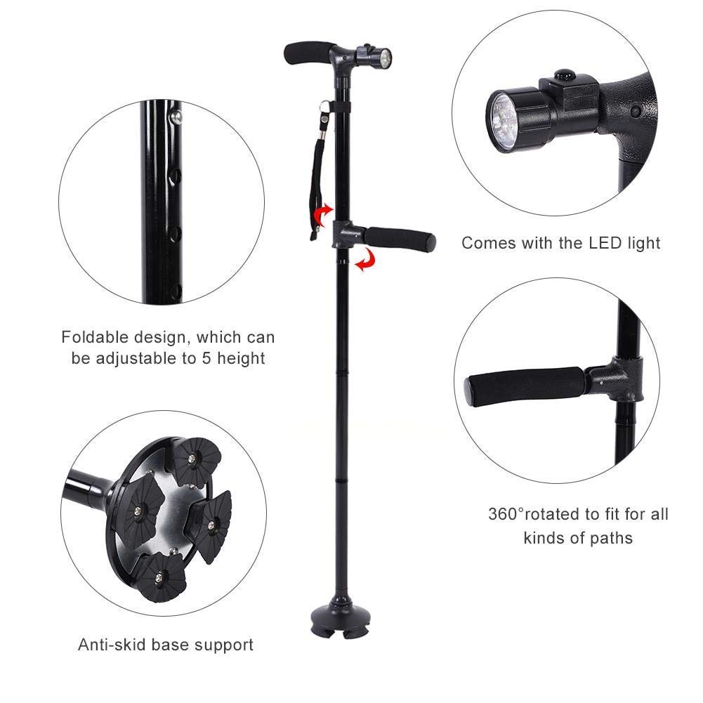 MRKU Bastón Ajustable para Caminar, bastón con luz LED y Base de 4 Puntas, bastón portátil liviano para Hombres