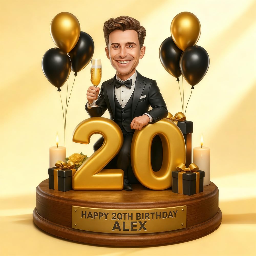Personalised Birthday Gift for Men – Customised Figurine with Photo & Text, Caricature Portrait on 3D Effect Wooden Plaque – Unique Birthday Decoration for Dad, Husband, Friend, Boss, Colleague