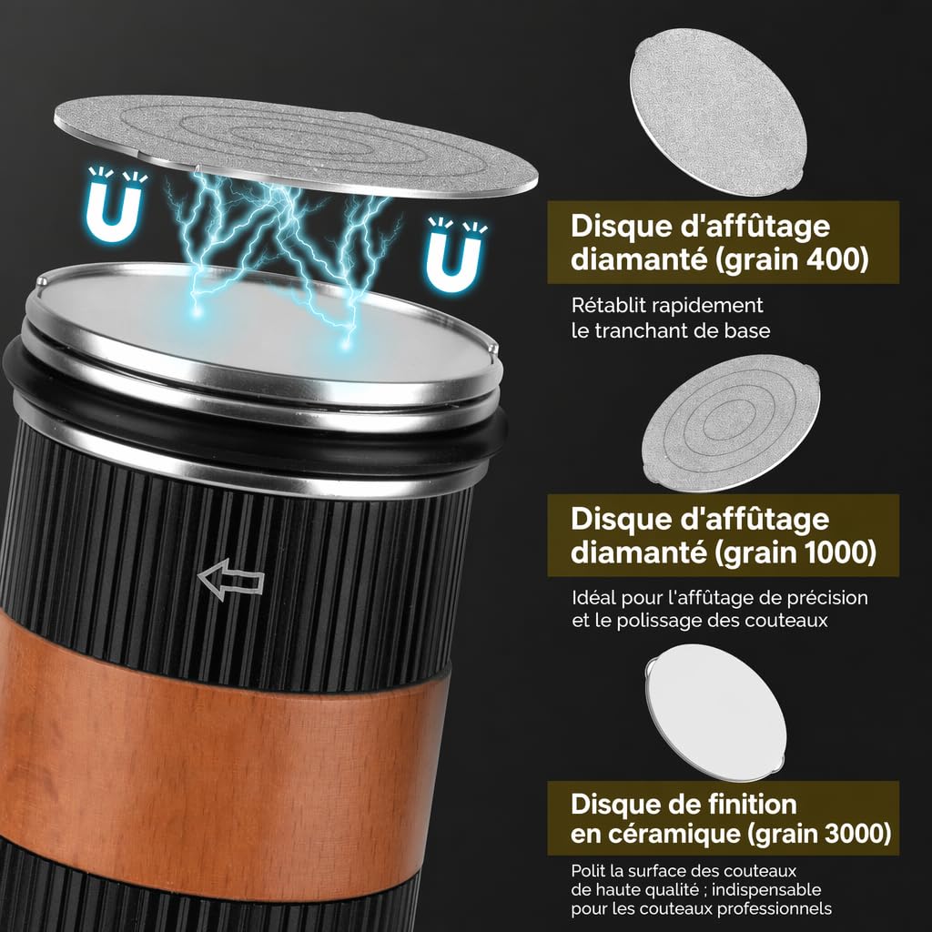 Aiguiseur Couteau Roulants de Couteau Cuisine, Aiguiseur de Couteaux Professionnel Avec 5 Disques à Meuler, Affuteur de Couteaux à Rouleau pour Angle de 15 et 20, Pierre à Aiguiser (Noir)