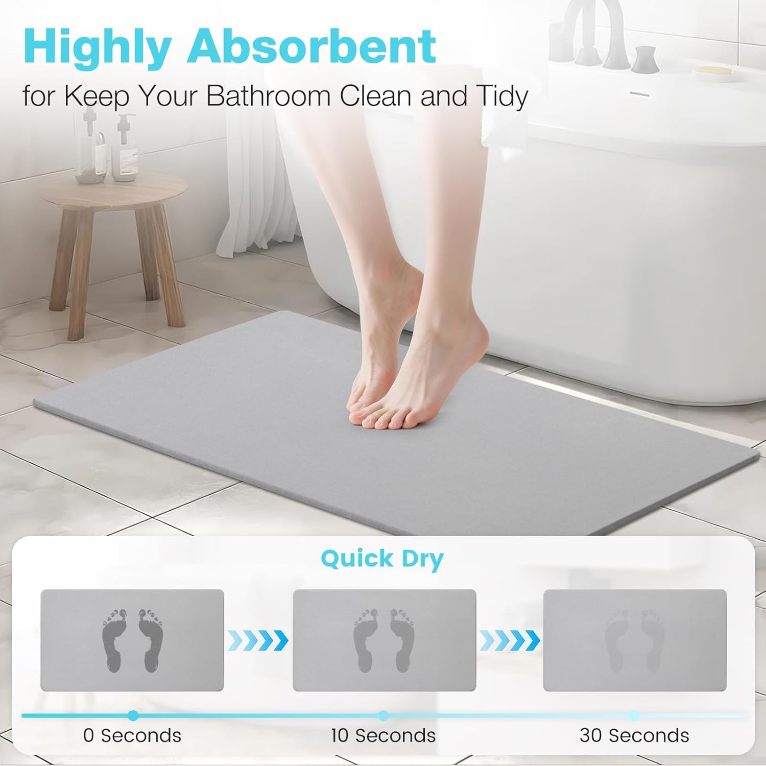 Large Diatomite Stone Bath Mat, Premium Non-Slip Natural Diatomaceous Earth Bathtub Fast Drying Mats for Bathroom Floor (30" x 17" Light Grey) - Image 3