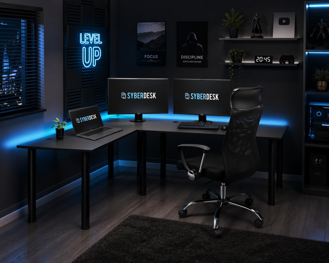 Bureau d'angle Gaming Pro LED - 185 x 120 cm - avec LED - Grand Bureau d'ordinateur - Solide (Gauche)
