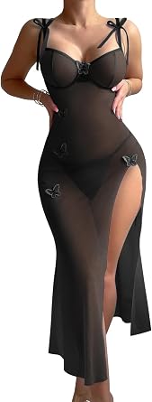 Foxiny Sexy Butterfly Split Leg Underwire Sheer Mesh Maxi Lingerie Dress with Thong 2 Piece Set