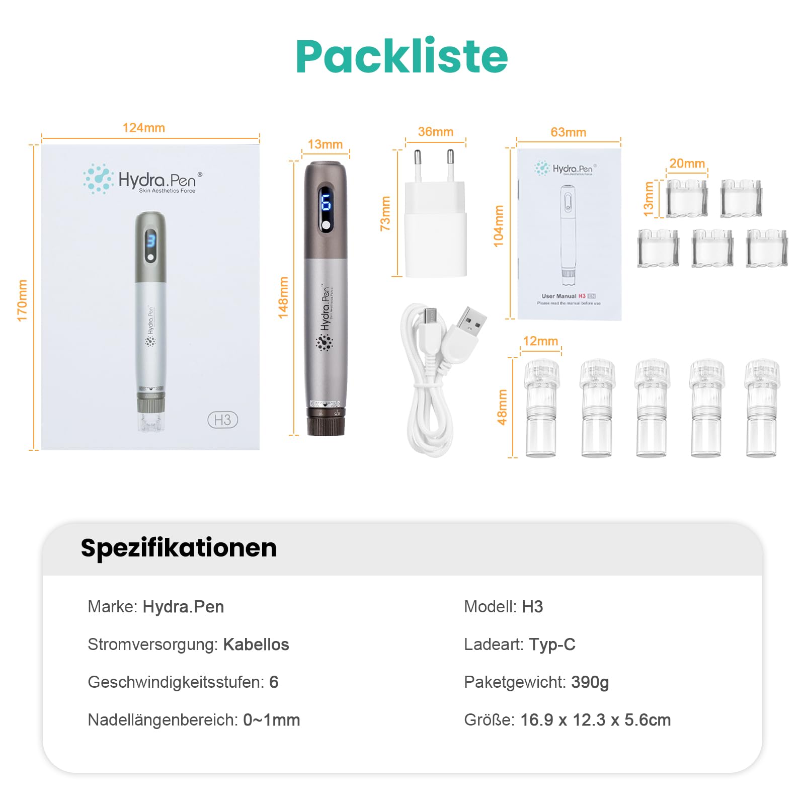 Hydra. Pen H3 Microneedling Pen Automatische Auftragung von Serum, Kabellos Derma Pen mit 5 Typen Ersatzpatronen für Gesicht, Körper, Haarwachstum Hautpflege, Fit Zu Hause & Unterwegs