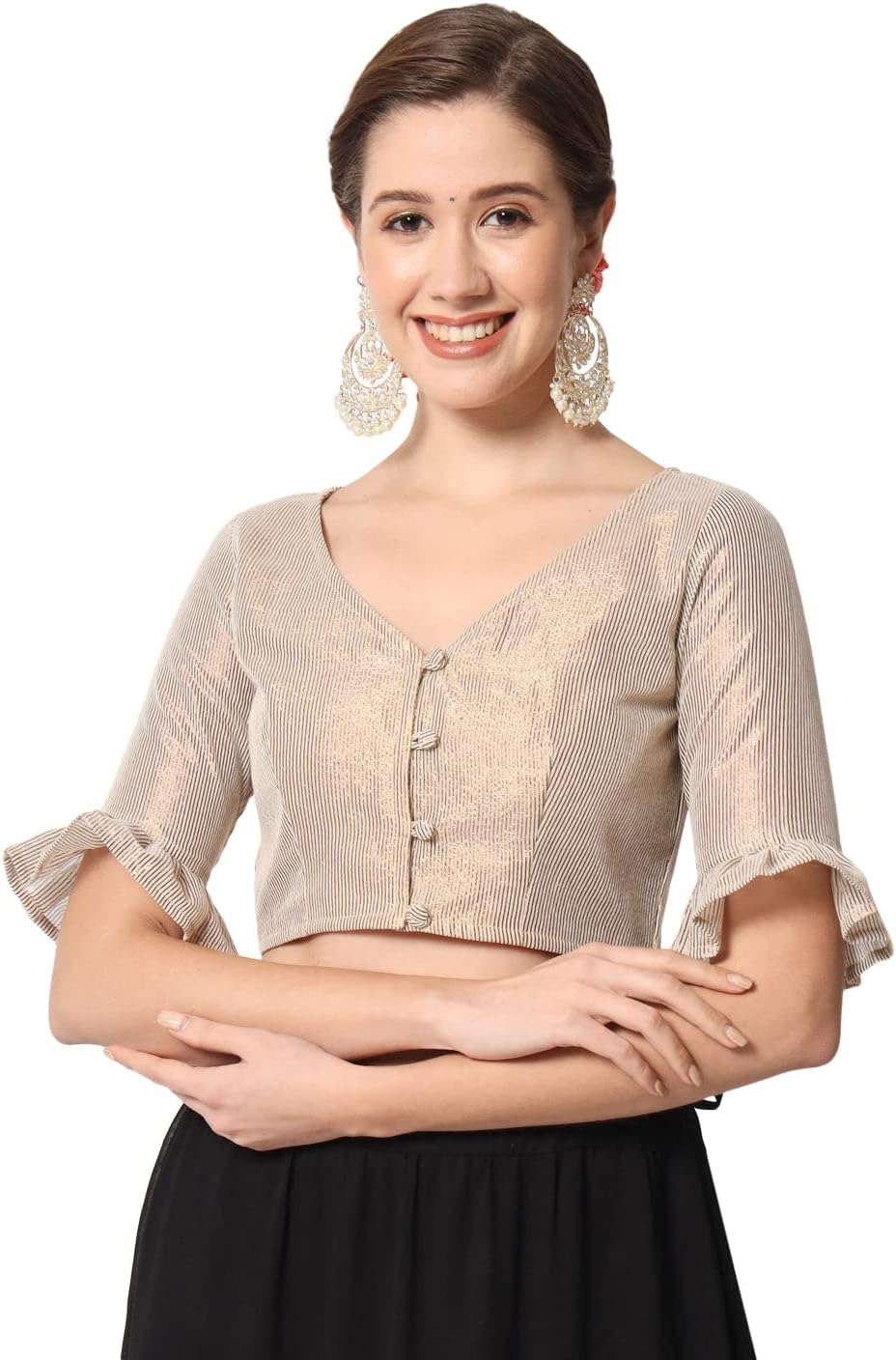 studio rasaWomen's Shimmer Stripe Button Down Crop Top for Festive Wedding Party