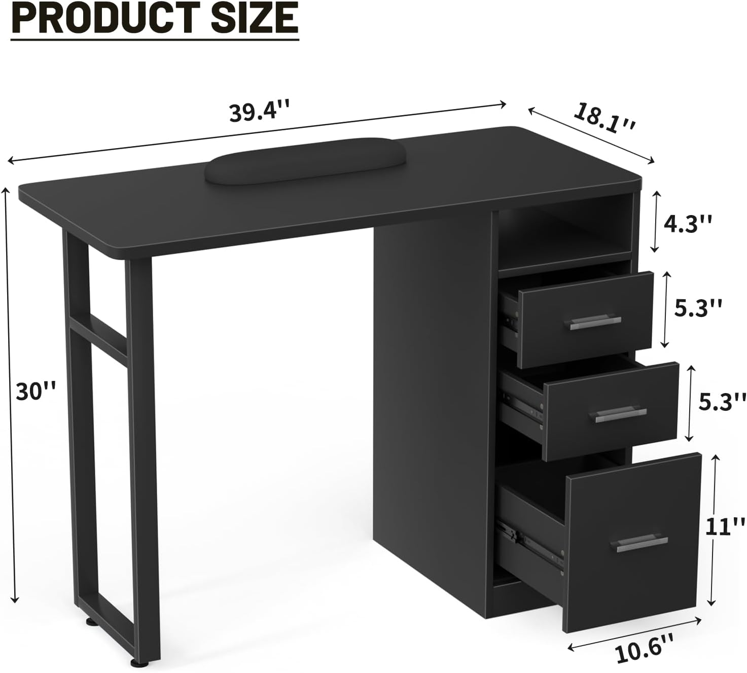 Nail Desk Acetone Resistant Manicure Table Station Black Desk w/Wrist Cushion, Drawers & Cabinets