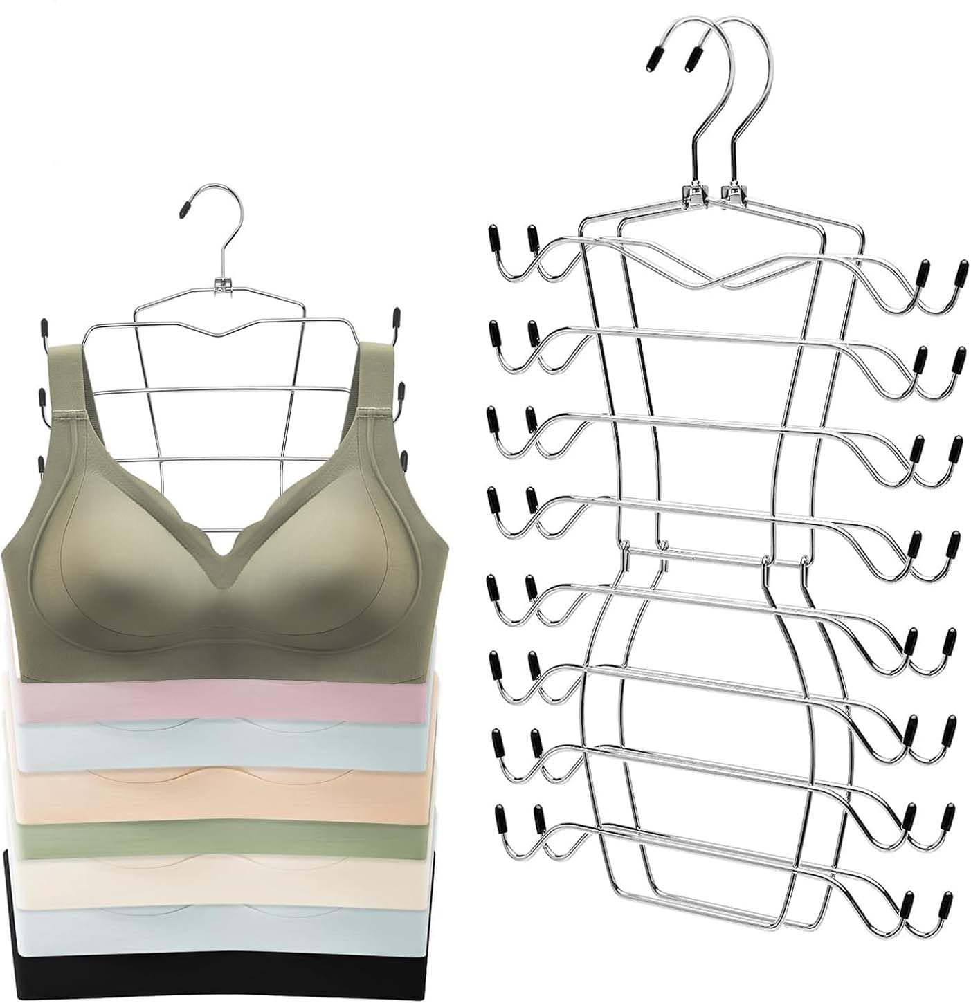 2 Grucce Pieghevoli Salvaspazio In Acciaio Inox + 10 Ganci Pesanti: Appendini Girevoli Per Reggiseni, Sciarpe E Cravatte, Organizer Armadio 53x30 Cm