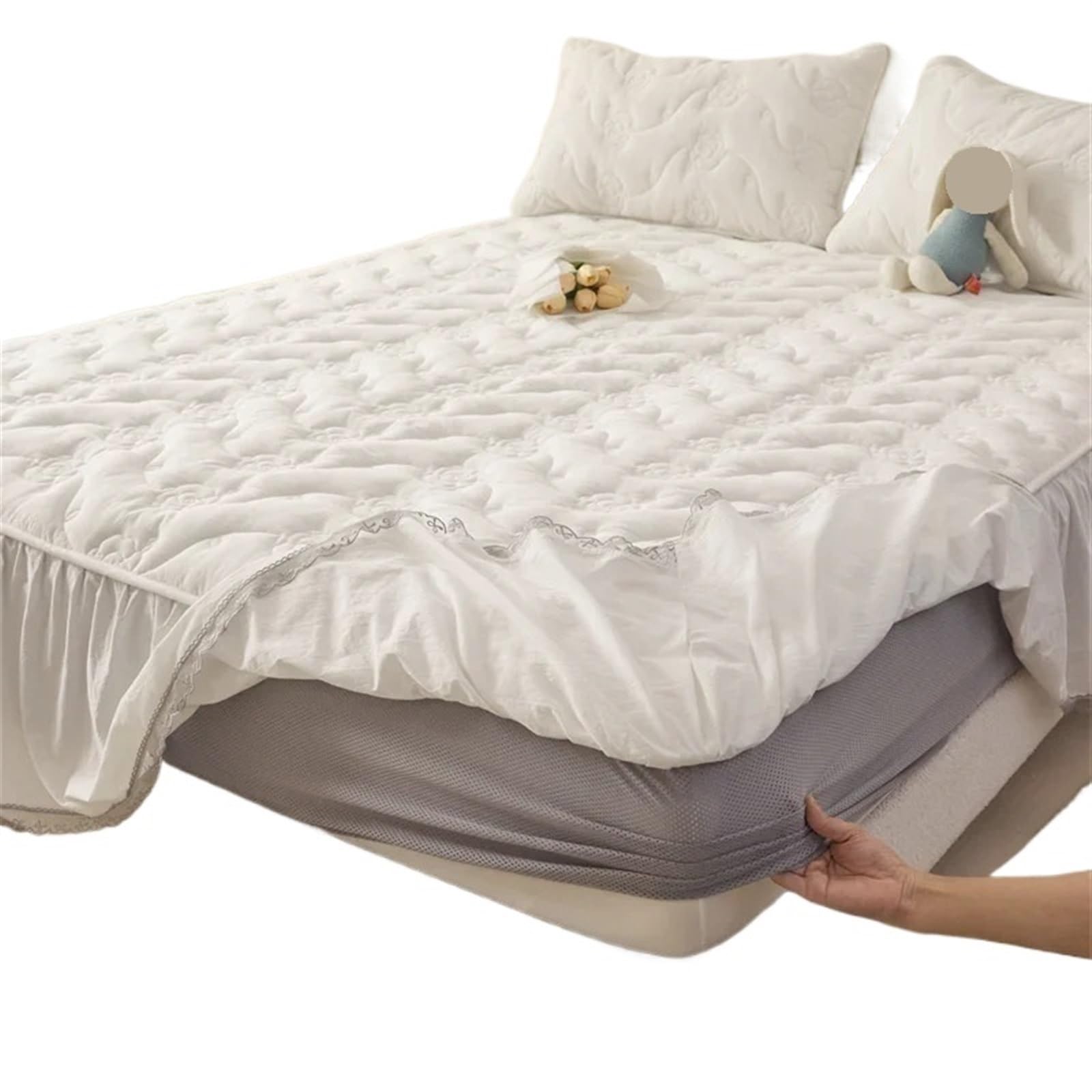 Gonna letto con balza Copriletto Lenzuola matrimoniali in cotone Gonna letto Lenzuolo con angoli elasticizzati Copriletto Coprimaterasso(Color1,180x200cm)