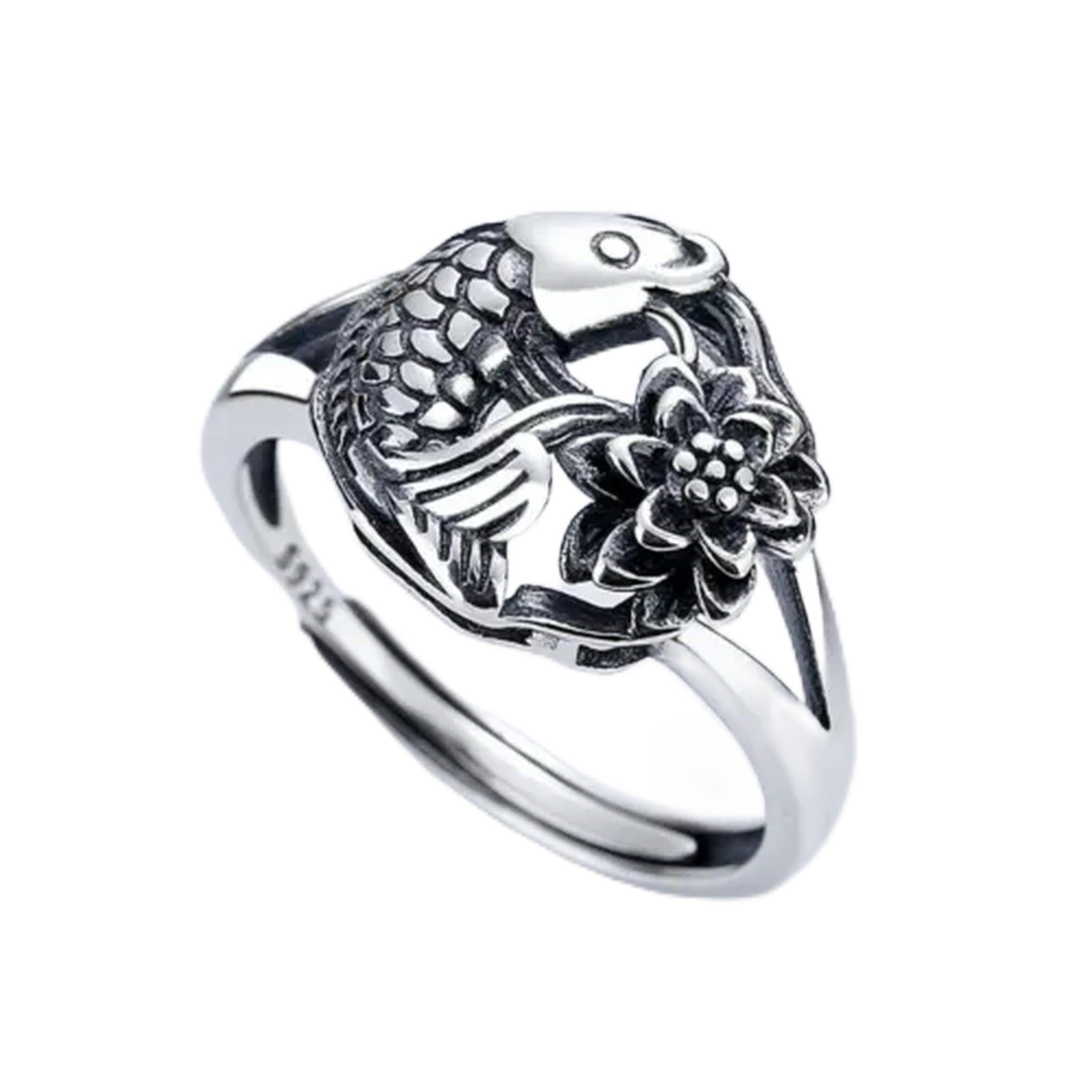 Bague Argent 925 Poisson Lotus style rétro accessoire bohème pour vos sorties