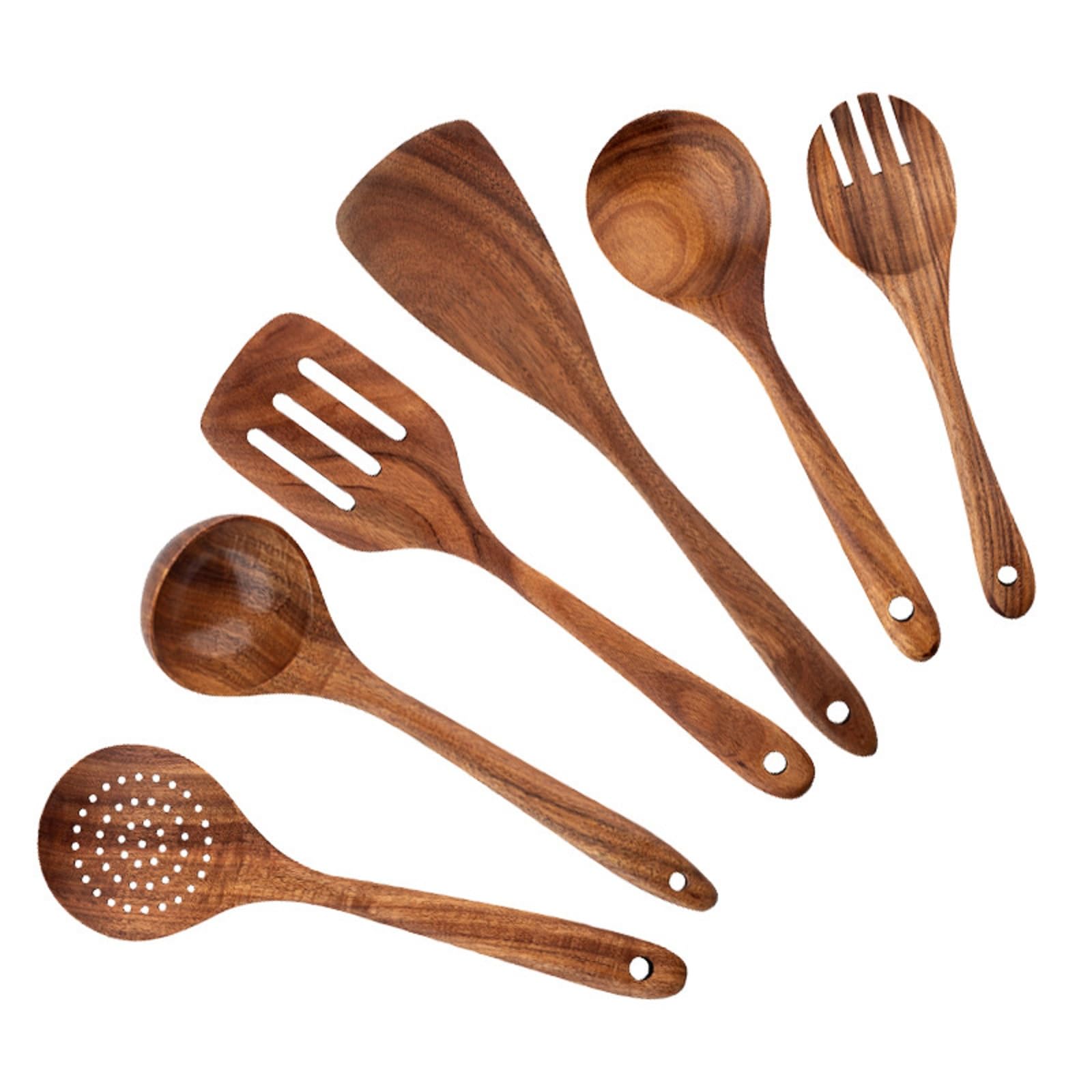 Ustensiles de Cuisine en Bois Set de 6, Ustensiles de Cuisine en Bois, Spatule en Bois pour la Cuisson, Ustensile en Bois Cuillères en Bois de Teck Naturel