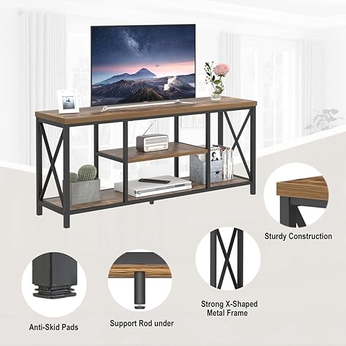 Miniatura 5 de EXCEFUR Soporte de TV de 55 pulgadas para televisores de hasta 65 pulgadas, moderno centro de entretenimiento con estantes de almacenamiento, Marrón