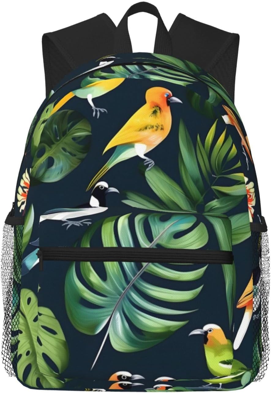 Tropical Birds Plant Leaf Print Lightweight Casual Backpack For Women Travel Daypack Gym Backpack For Men Book Bags, SB-122