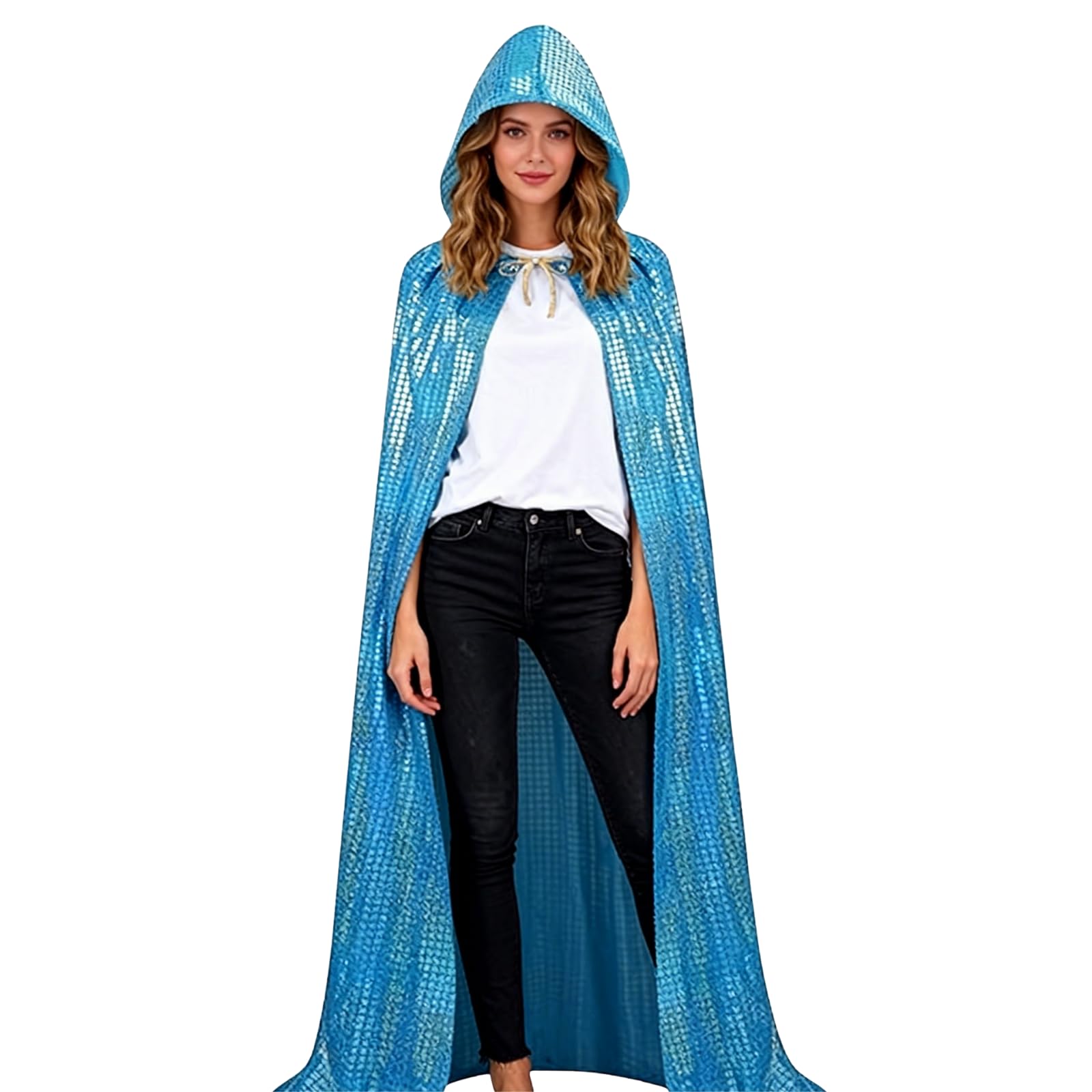 RRCBMD Adult Unisex Full Length Hooded Cloak Large Grid Blue Sparkle Shiny Cape with Hood Women Men Halloween Mardi Gras Wizard Cosplay Costume 47.2Inch - Image 4