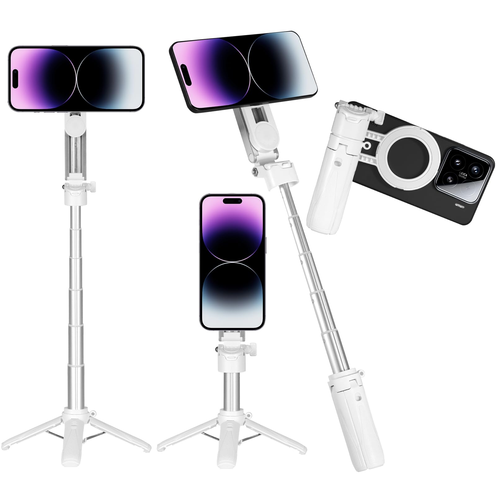 4-in-1 Magnetic Selfie Stick for iPhone Android - Multifunctional 360 Rotation Extendable Tripod with Detachable Remote Universal Phone